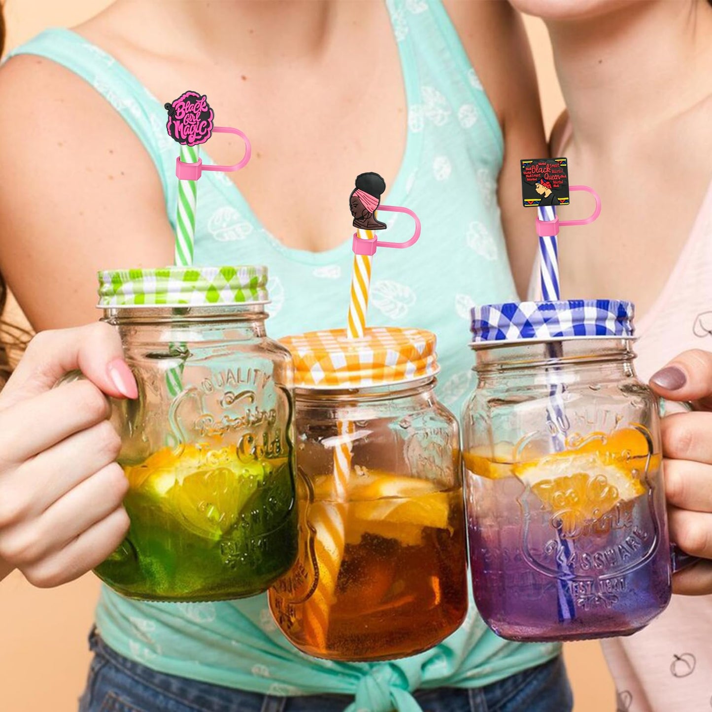 6 Pink Black Girl Straw Covers - Compatible with Stanley Cup, Reusable Silicone Straw Cover fits 0.4 Inch Straws