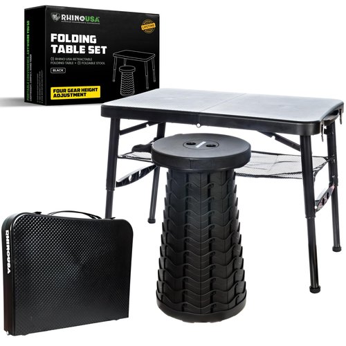 Rhino USA Portable Camping Table and Stool Set - Lightweight Foldable Camp Tables with Net for Beach Trips, Fishing, Picnic, Cooking & Much More (Black)