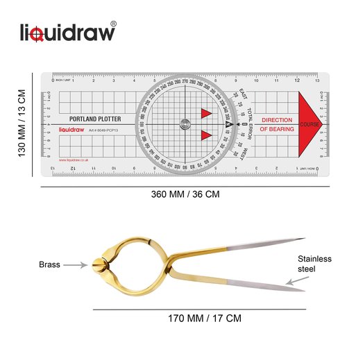 Liquidraw Portland Course Plotter Navigation Divider Kit Marine Sailing Nautical Protractor Single Handed Straight Divider Solid Brass 8"", Transparent