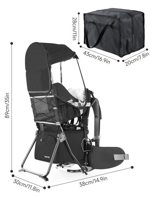 besrey Baby Backpack Carrier, Toddler Hiking Backpack with Safety 3-Height Seat, Adjustable Straps&Waist Belt, Foldable Frame Lightweight Large Capacity Child Carrier for Hiking (Black)