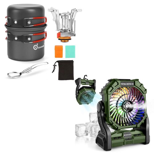 Odoland Bundle - 2 Items 6pcs Camping Cookware Mess Kit and Camping Misting Fan
