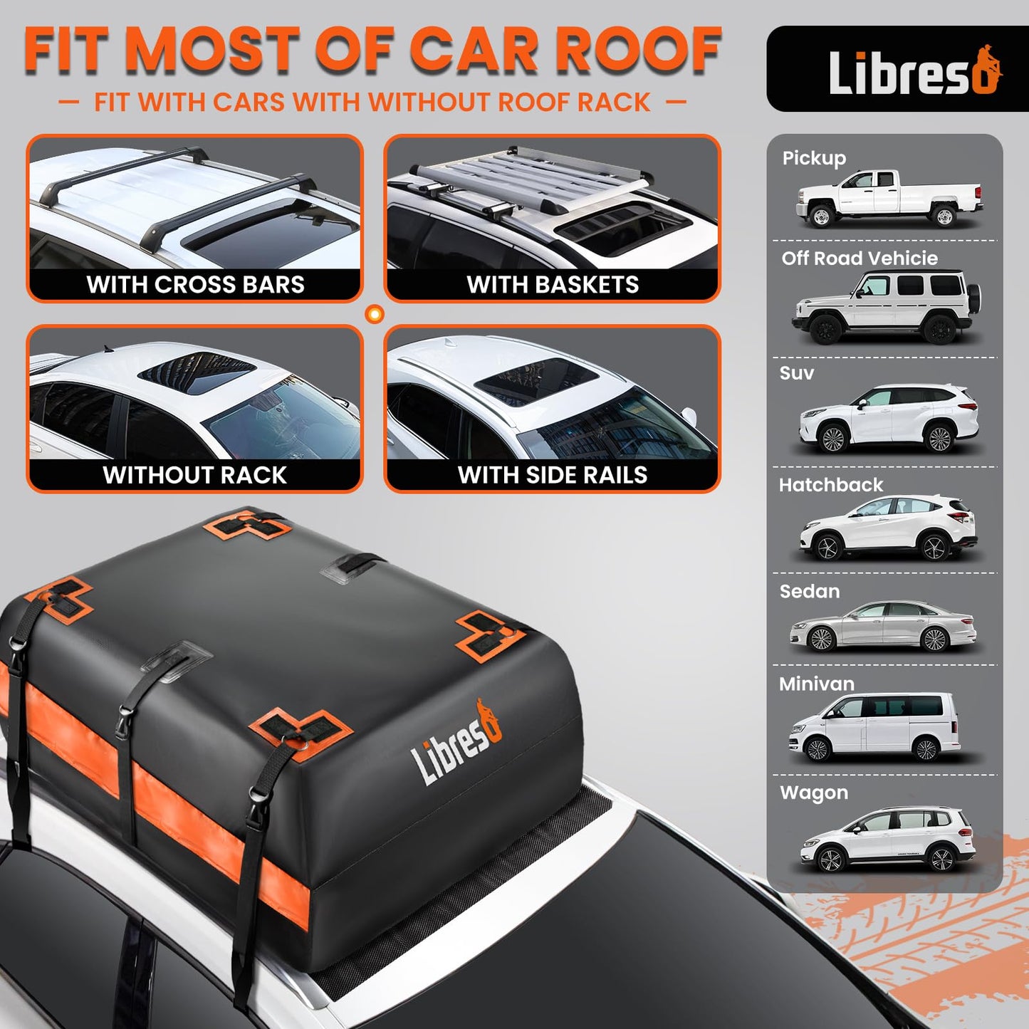 Extra Waterproof Car Rooftop Cargo Carrier Bag with Metal Ring Movable Straps Fit Cars with/Without Roof Rack, 21 Cu Ft Car Top Luggage Roof Bag with Smooth Zipper, Non-Slip Mat, 6 Door Hooks