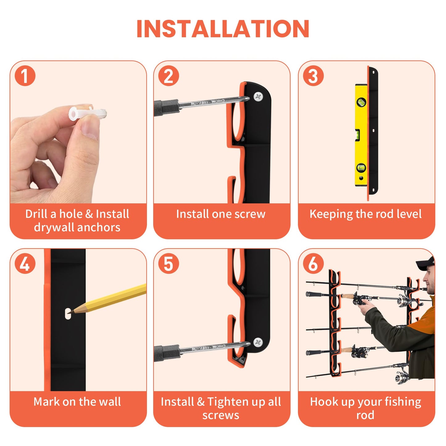 Fishing Rod Holder for Garage, H5 Wall or Ceiling Mounted Fishing Pole Holders with Soft Protective Pad, Fishing Rod Storage Organizer, Horizontal Fishing Rod Wall Mount Nets Storage (4 PACK)