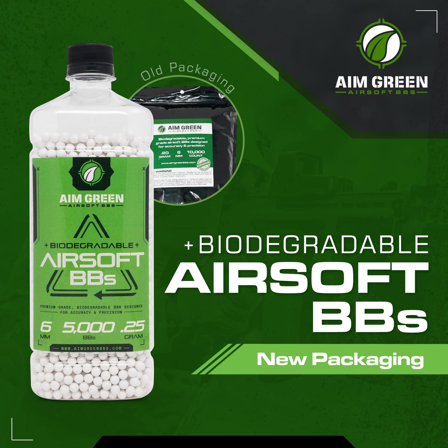 Aim Green Biodegradable Airsoft BBS, Premium-Grade 6mm Airsoft BBS, 20g, 25g, 32g, 36g, 40g, 2,500, 5,000, 10,000 Count