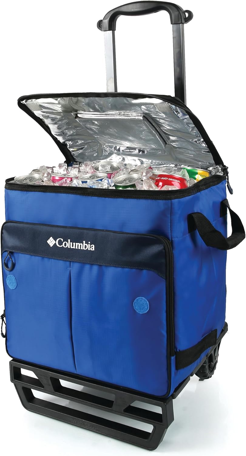 Columbia Crater Peak Wheeled Cooler - 50 Can Rolling Cooler - Blue Collapsible Cooler with Super Foam Insulation and Foldable All-Terrain Cart with Wheels