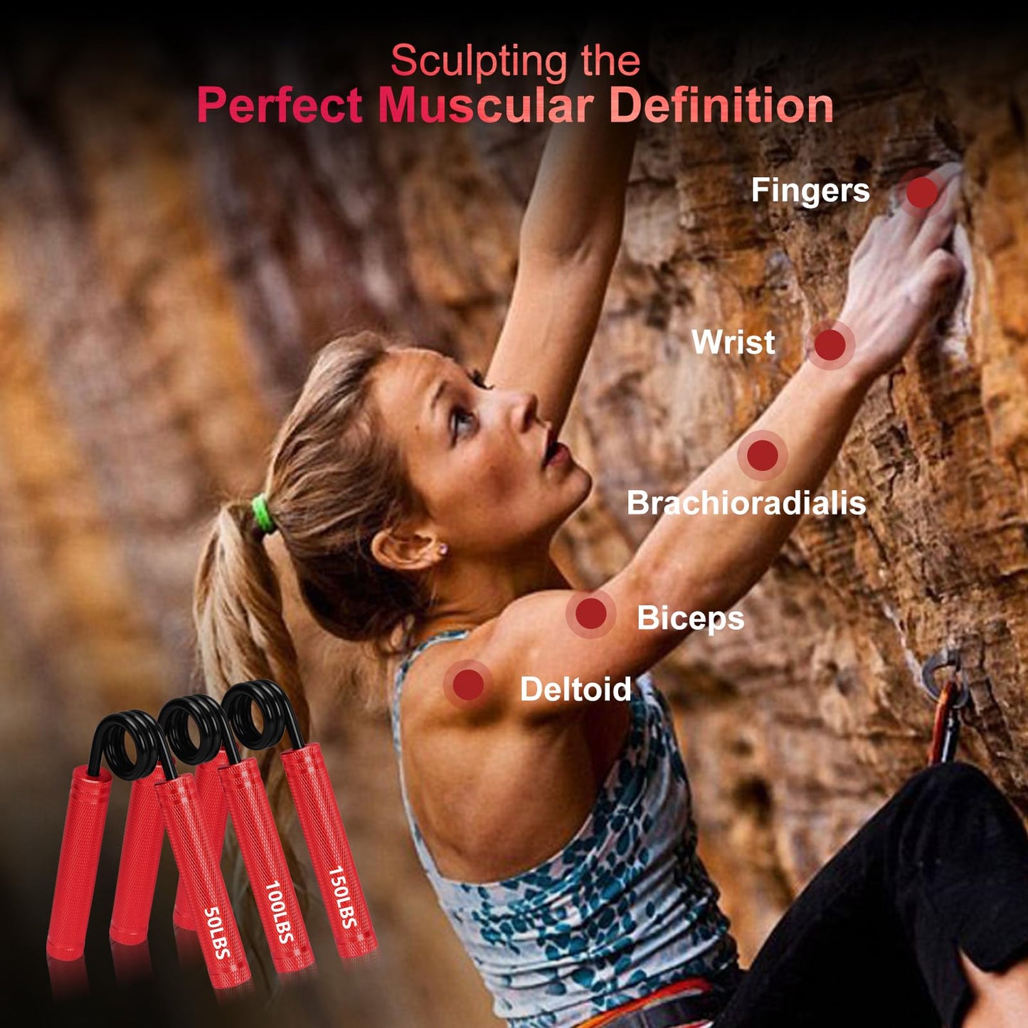 COVVY Metal Hand Grip Strengthener Set (50, 100, 150lbs), Grip Strength Trainer, Crushing Pinching Grip Trainer, Forearm Exerciser, Gripper Fitness Equipment with Sponge Pads and Carry Bag (Red)