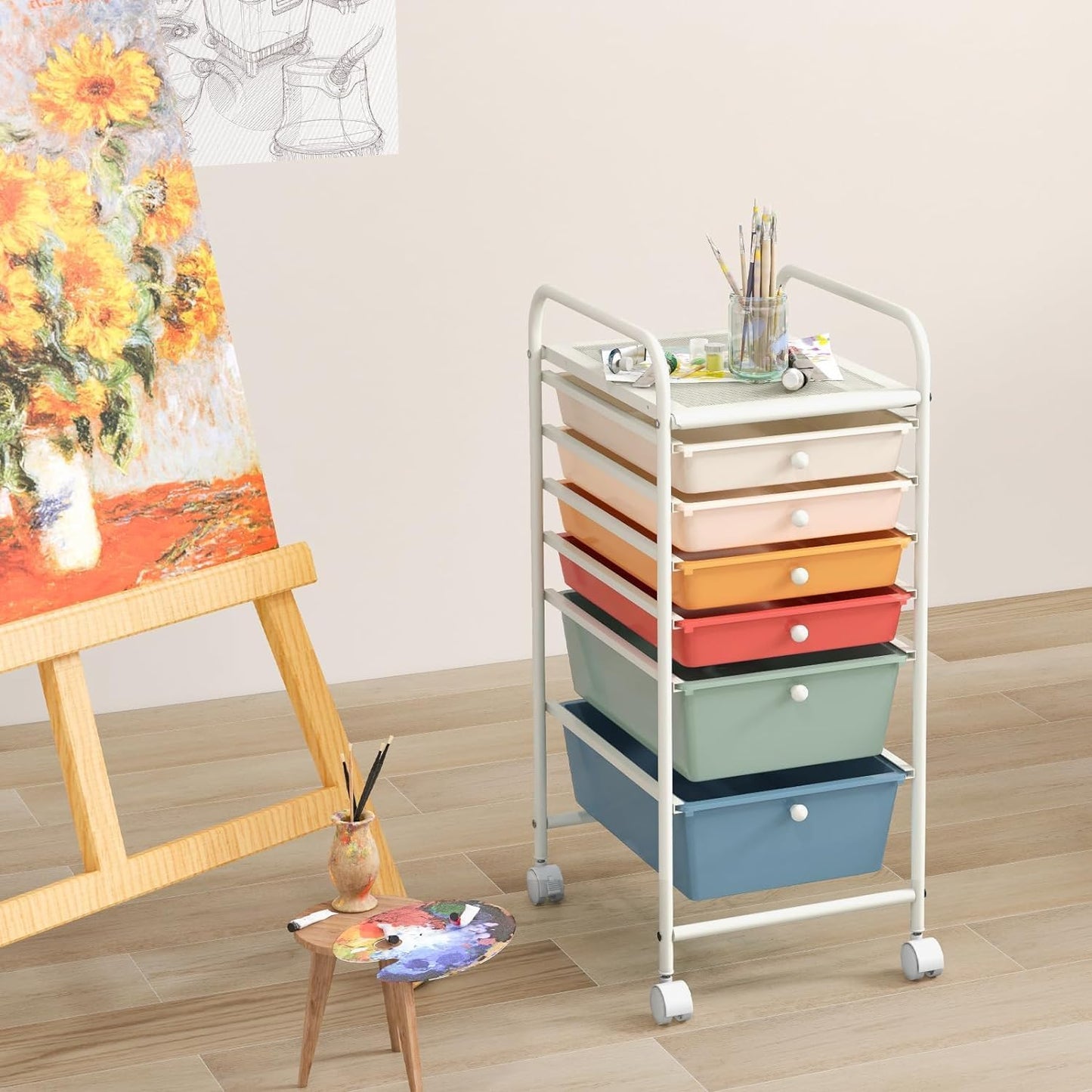 RELAX4LIFE 6-Drawer Rolling Storage Cart - Classroom Organization on Wheels w/Removable Plastic Drawers, Mobile Art Craft Cart for School Paper Home Office, Utility Cart with Drawers (Macaron)