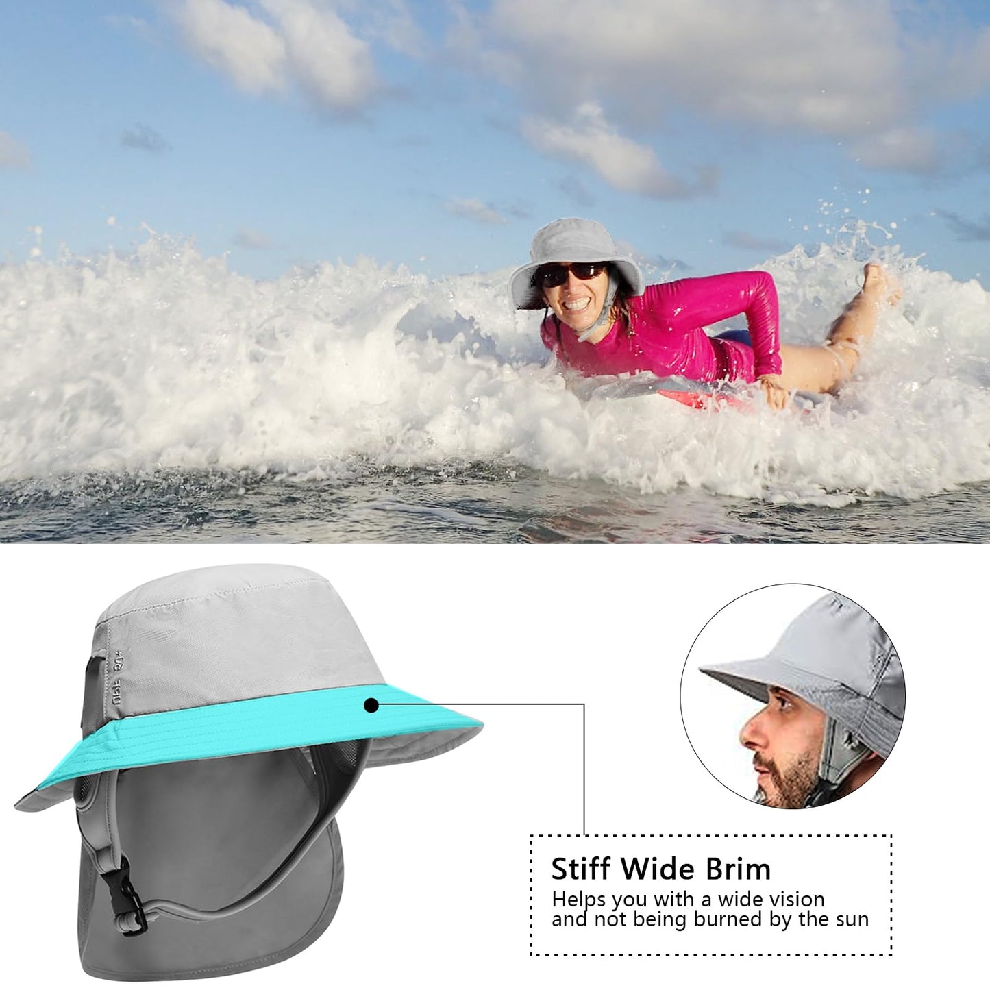 JOYART Surf Hat Bucket Beach Sun Hats with Chin Straps for Surfing,Boating,Riding,Fishing,Hiking,Watersports Men and Women,7cm Wide Stiff Brim-Gray