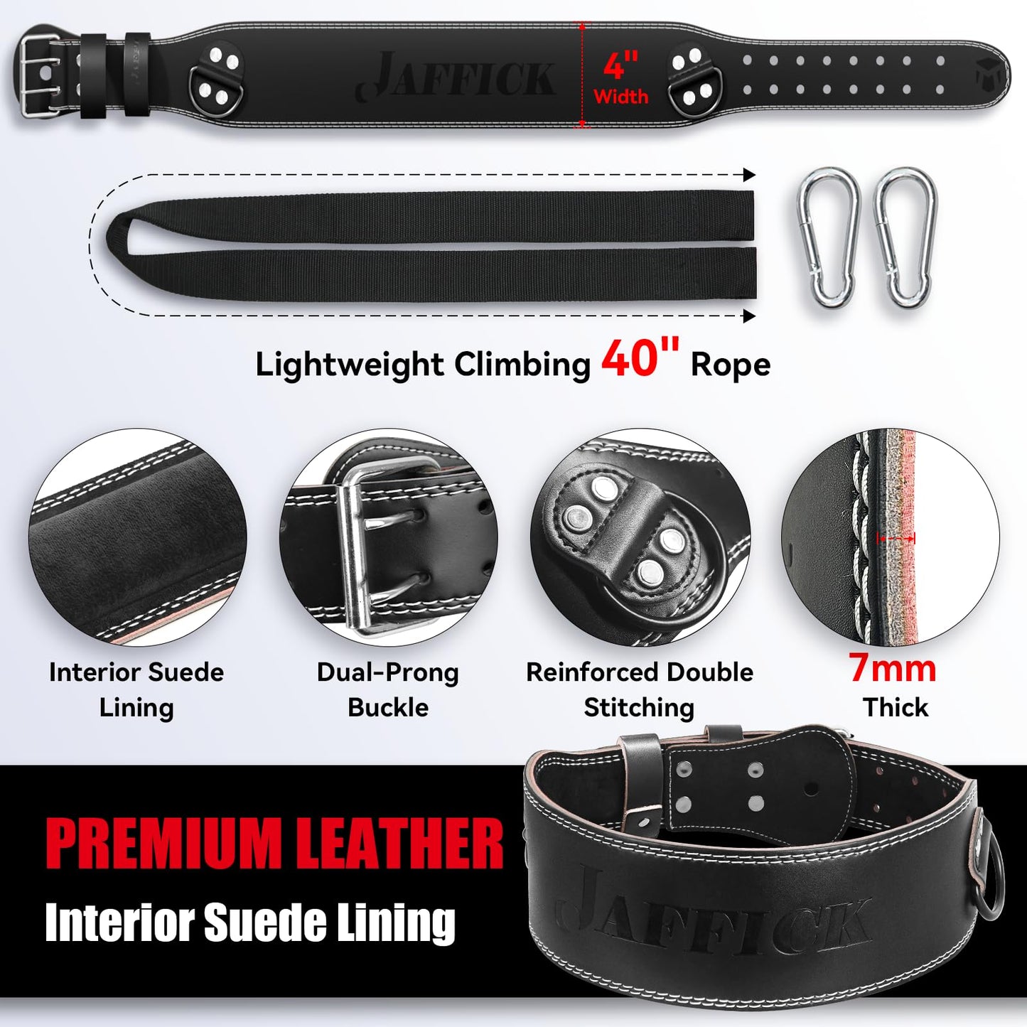 Jaffick Leather Weight lifting belt & 2-in-1 Dip Belt with Rope for Weightlifting Pull Up Gym Powerlifting Squat Bodybuilding Waist Support for Men Women