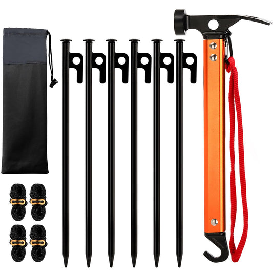 Suwimut Tent Stakes, 6 Pieces 12 Inch Heavy Duty Metal Tent Stakes with Hammer, 4x13ft Reflective Ropes and Storage Bag, Outdoor Camping Accessories Kit Pegs Aluminum Mallet for Hiking, Backpacking
