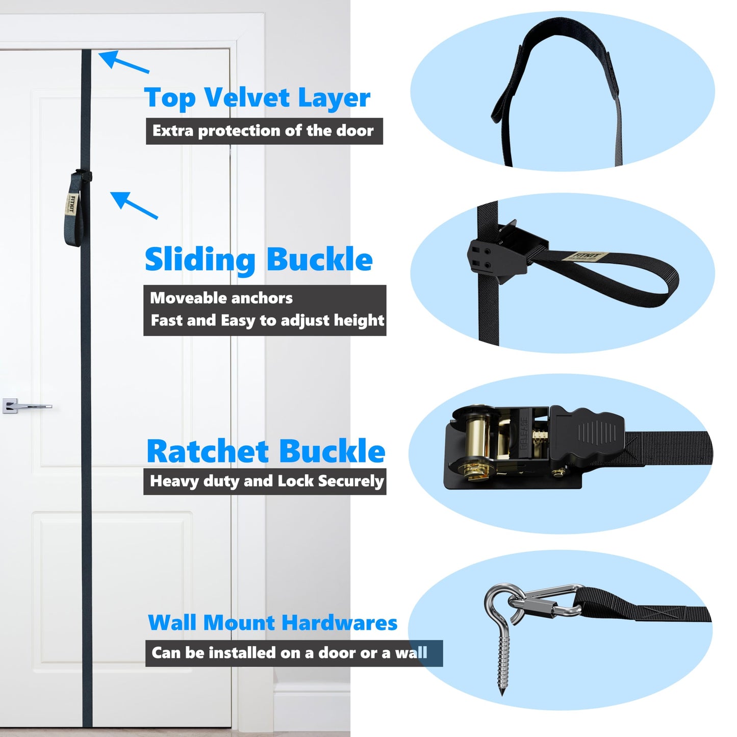 FITKIT Door and Wall Moveable Anchor Straps with Adjustable Multi Point for Resistance Bands, Workout Attachment for Home Gym, Fits 6-8 ft Doors