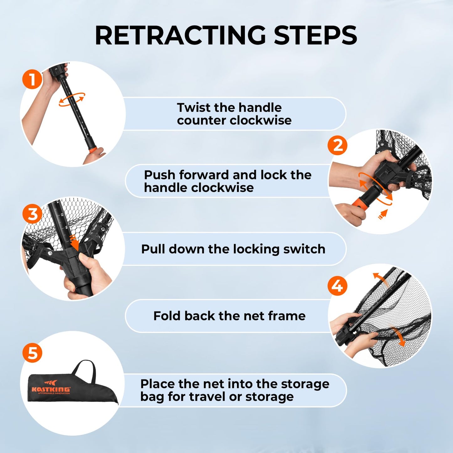 KastKing Brutus Fishing Net with Boat Hook, Foldable, Extendable, Lightweight & Strong Fish Landing Net, Non-Slip & Bright Orange TPR Handle, Fishing Gift for Men