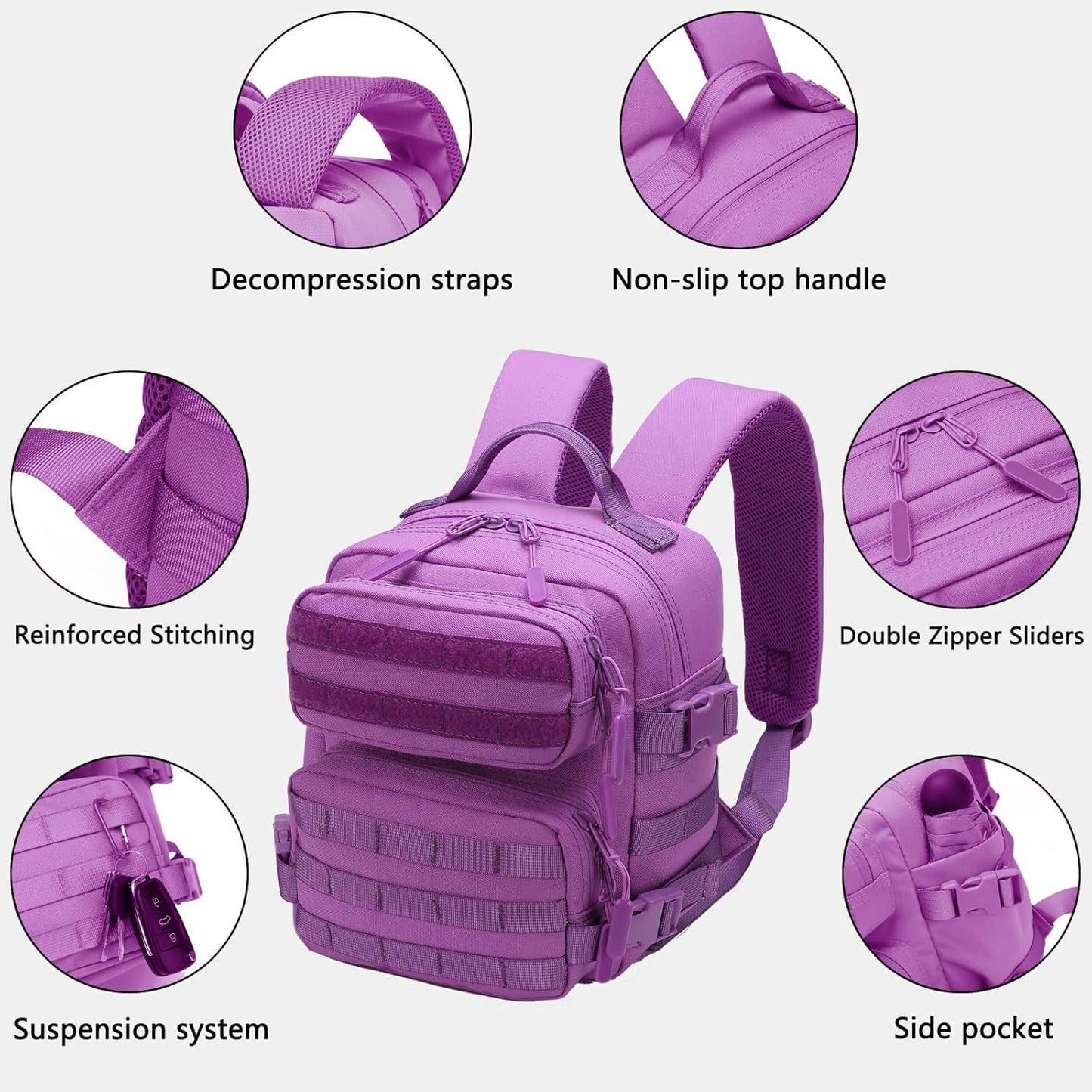 9L Mini Tactical Backpack Men Women Small Assault Rucksack Water-proof GYM Hiking Bug Out Bag with molle attachments (Purple)