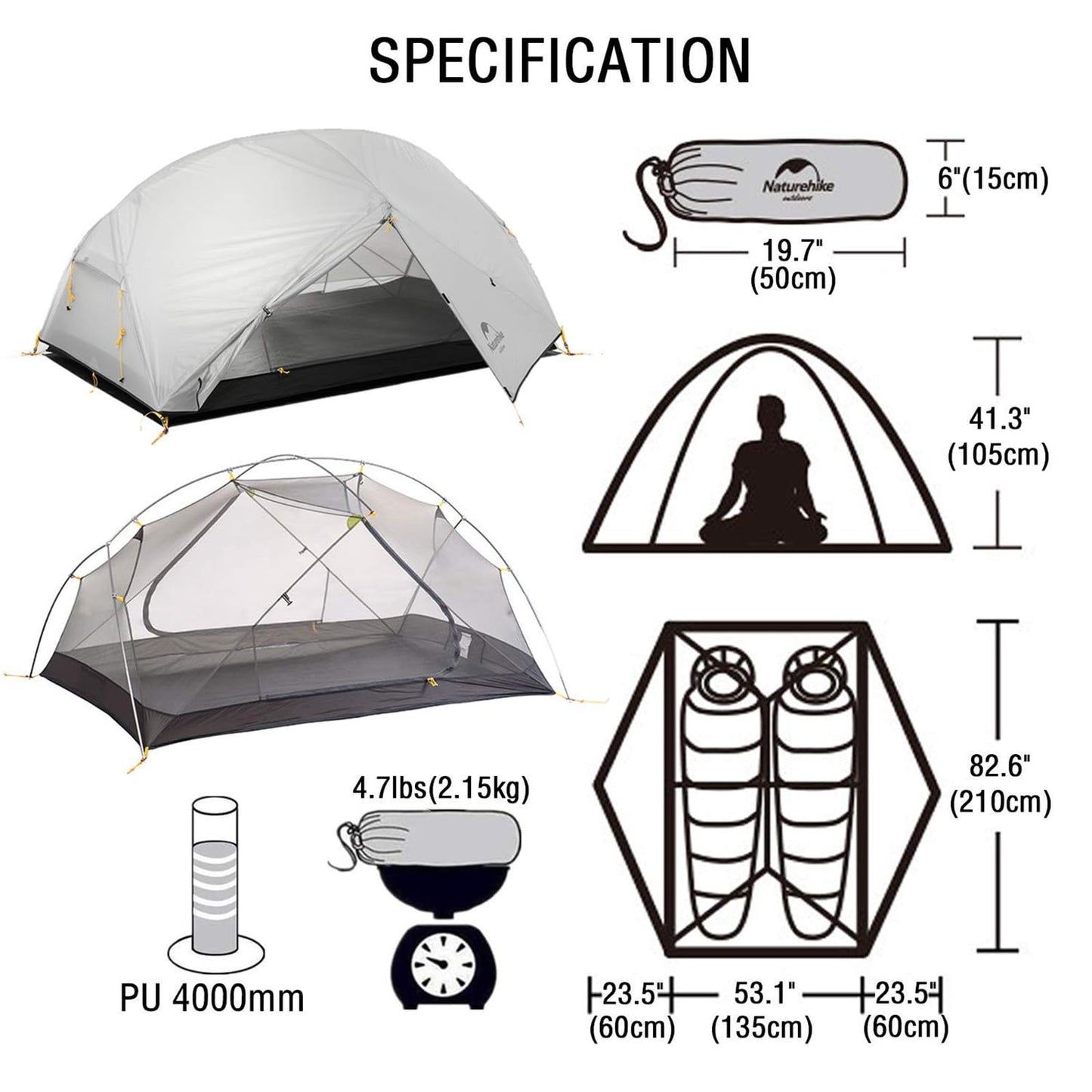 Naturehike Mongar Backpacking Camping Tent 2 Person Lightweight 3 Season Waterproof Hiking Tent Double Crossbars Easy Setup Double Layer for Hunting Outdoor Mountaineering Travel with Footprint