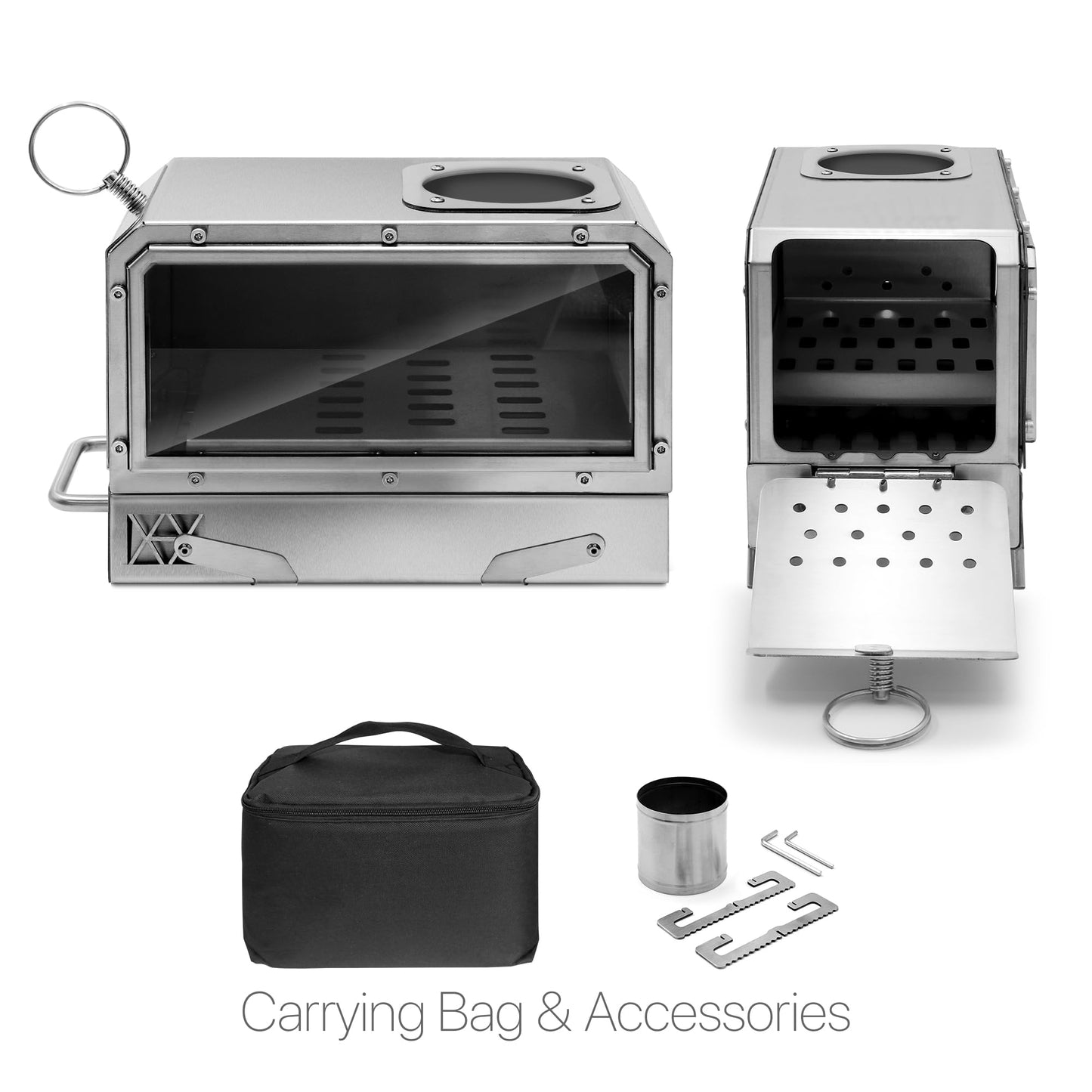 GoHawk Portable Wood Burning Camp Stove 9.5" Mini Heater Burner with Fireproof Glass Window 304 Stainless Steel Cooking Oven Grill Heating Tray for BackPacking Camping Tent Fishing Hiking Picnic BBQ