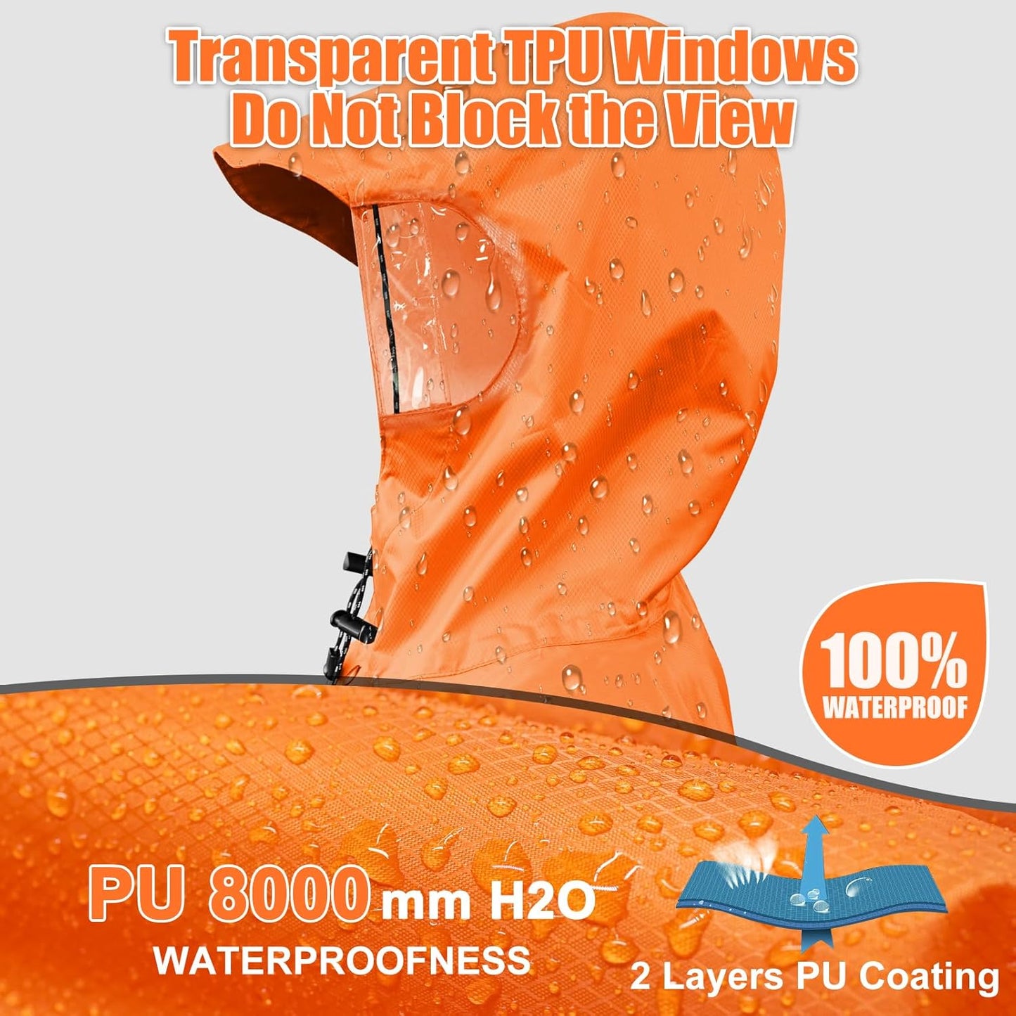 Andake Waterproof Rain Poncho for Adults Unisex,230T Ripstop Polyester,Raincoat Gear with Transparent Viewing Window Outdoors