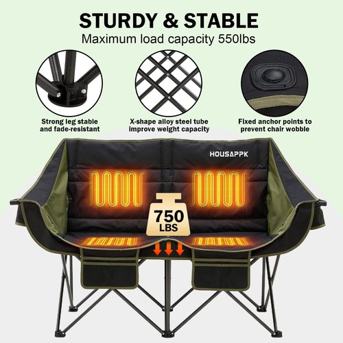 Heated Camping Chair, Oversized Heated Double Camping Chair for Adults 2 People, Heated Folding Outdoor Sports Chairs for Lawn, Hunting and Picnic, Supports 750 lbs,Battery Not Included
