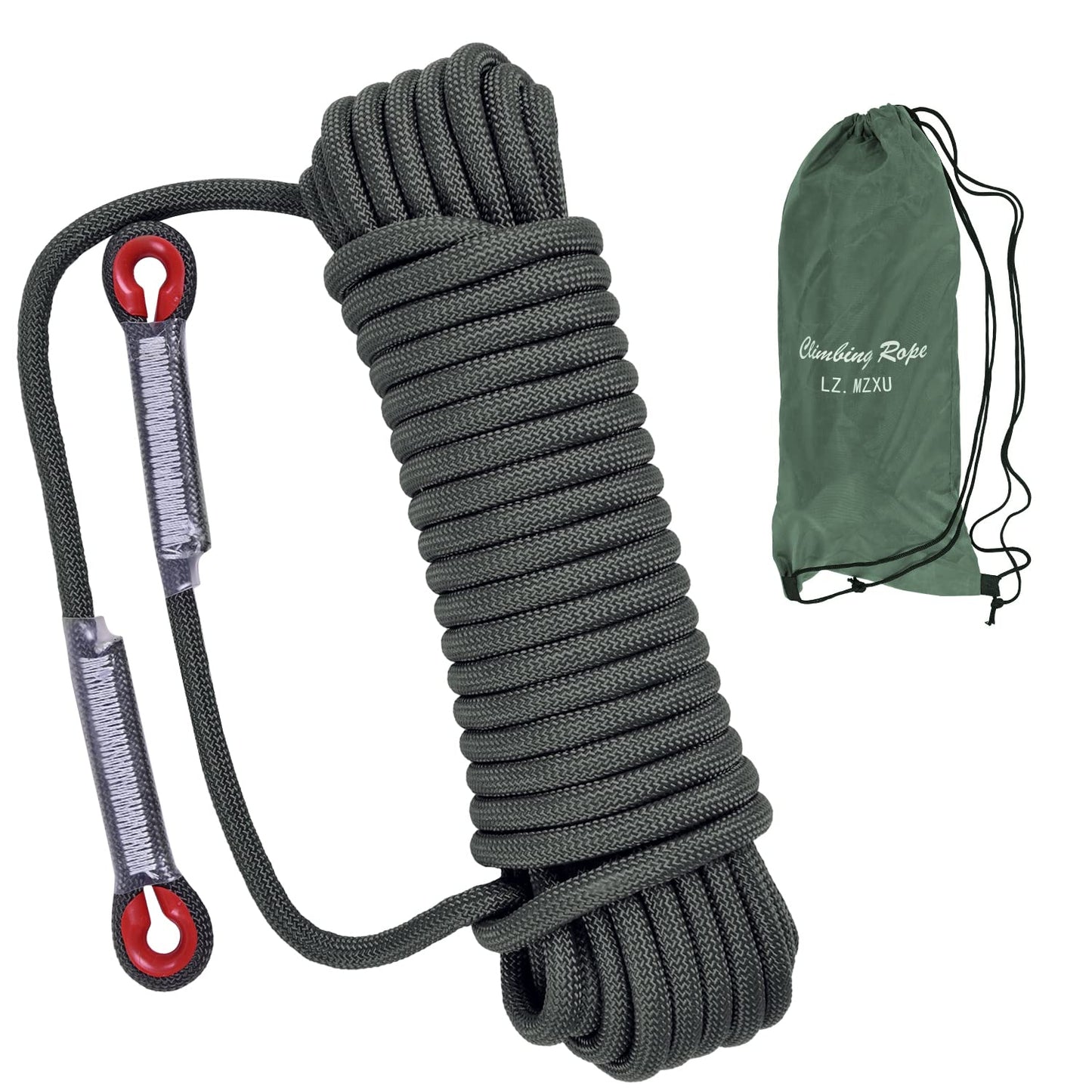 LZ.MZXU Climbing Rope, 12 mm Static Climbing Ropes, 32FT(10M) 65FT(20M) 100FT(30M) 164FT(50M) Outdoor Rock Climbing Rope with Hook, Safety Rappelling Ropes, Fire Rescue Parachute(Green, 32FT)