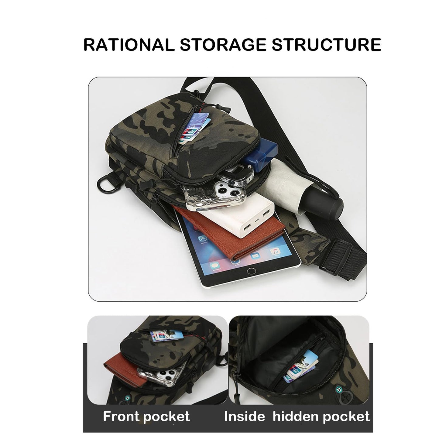 JENAGREEN Small Crossbody Sling Backpack Sling Chest Bag，Adjustable Cross Body Bag Chest Shoulder Bag Daypack Fanny Pack for Travel Hiking