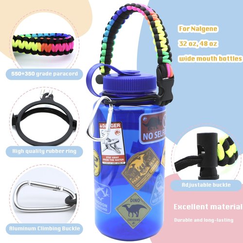 LUTQ 2 Packs Cap Strap for 32oz Wide Mouth Nalgene Bottles - Durable Paracord Strap with Aluminum Alloy Safety Buckle - Handle Compatible with Nalgene - Rainbow