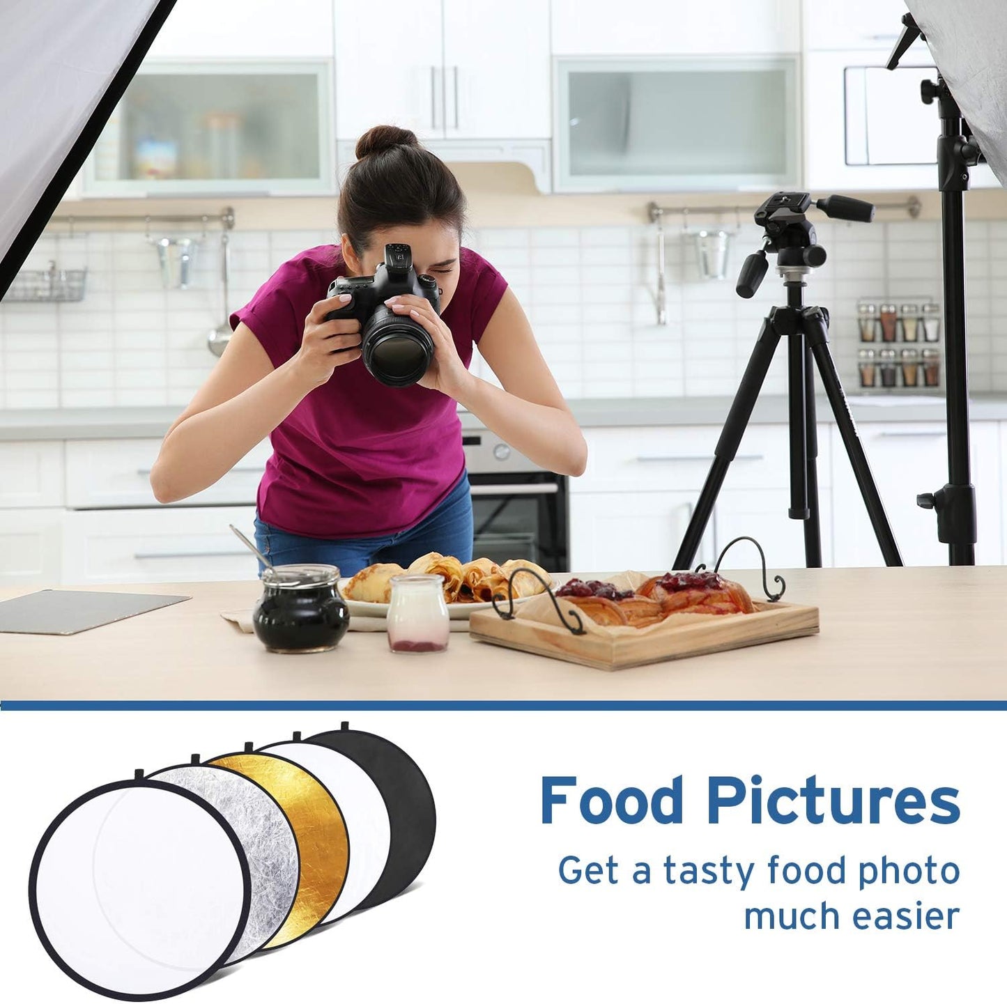 Etekcity 24" (60cm) 5-in-1 Photography Reflector, Multi-Disc Light Reflectors for Photography, Collapsible with Bag - Translucent, Silver, Gold, White and Black