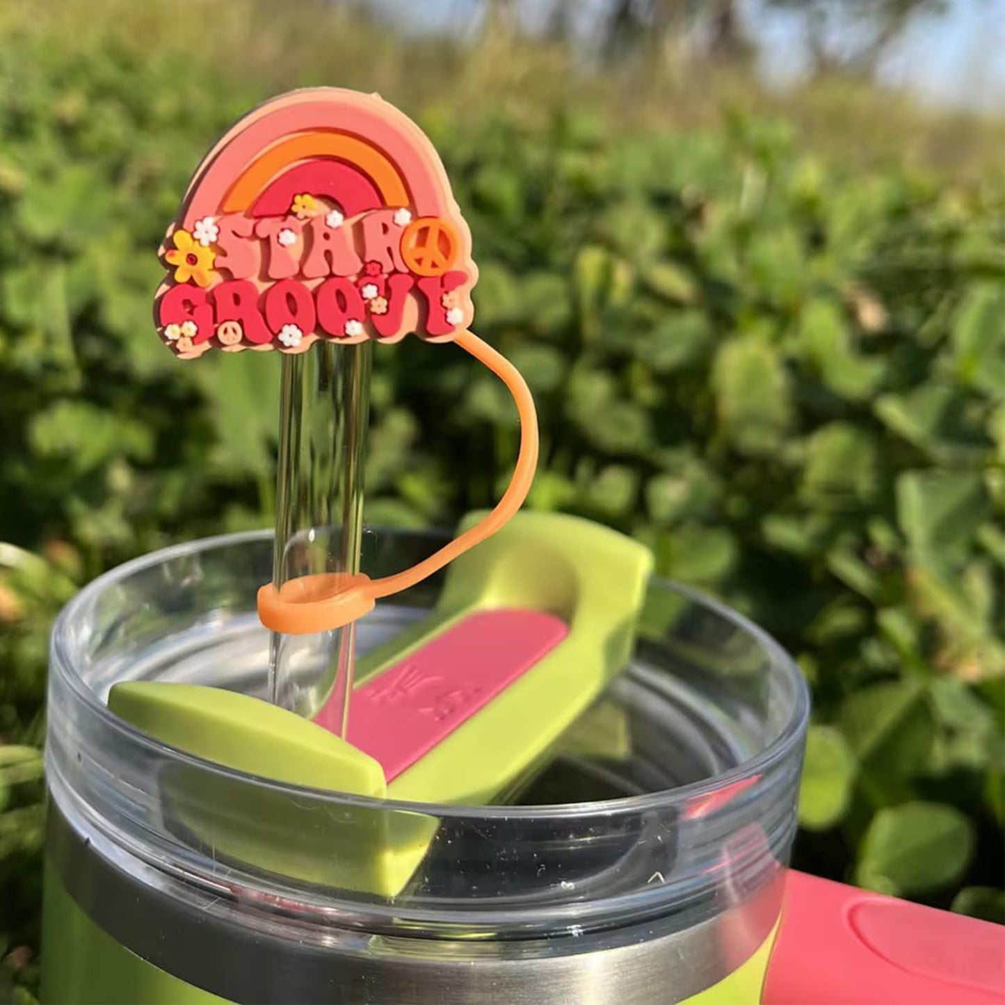 Amreich Boho Straw Cover for Stanley Cup - 4PCs Orange Stanley Cup Accessories, Groovy Hippie Design 60s 70s Party Straw Favors