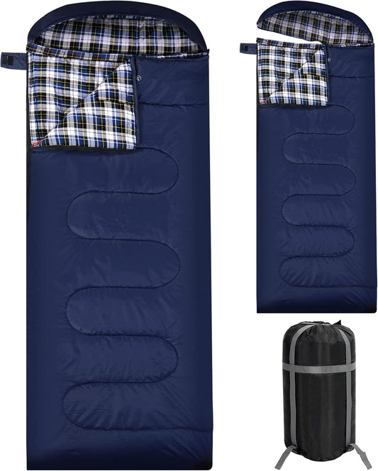 REDCAMP Flannel Sleeping Bag for Adults, Comfortable Cotton Sleeping Bags for Camping with Detachable Hood, Red/Grey/Blue