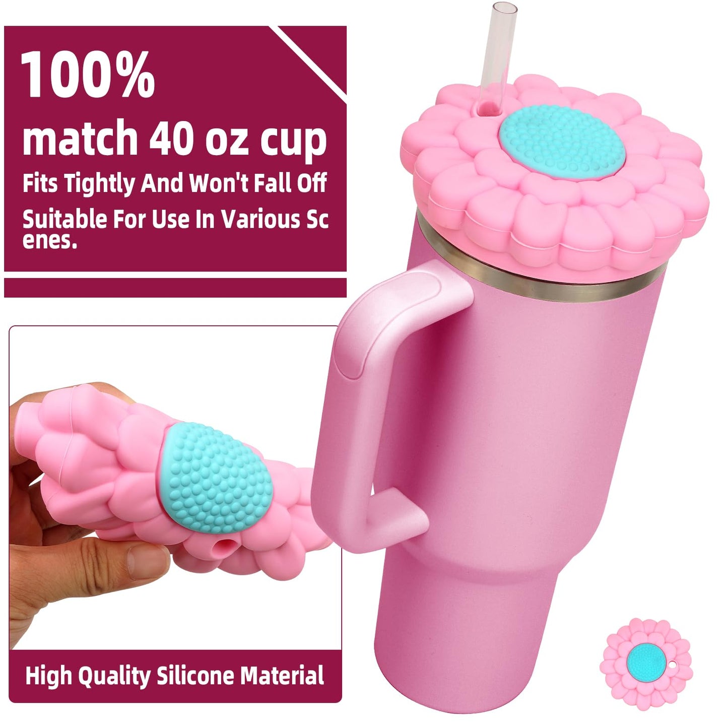 for Stanley Cup 40 Oz Lid Case Dustproof Scratch, Silicone Lid Covers Toppers Dust Cap for Stanley 40 Oz Tumbler with Handle Quencher H2.0 for Stanley Cup Accessories decoration Case - Pink Flower