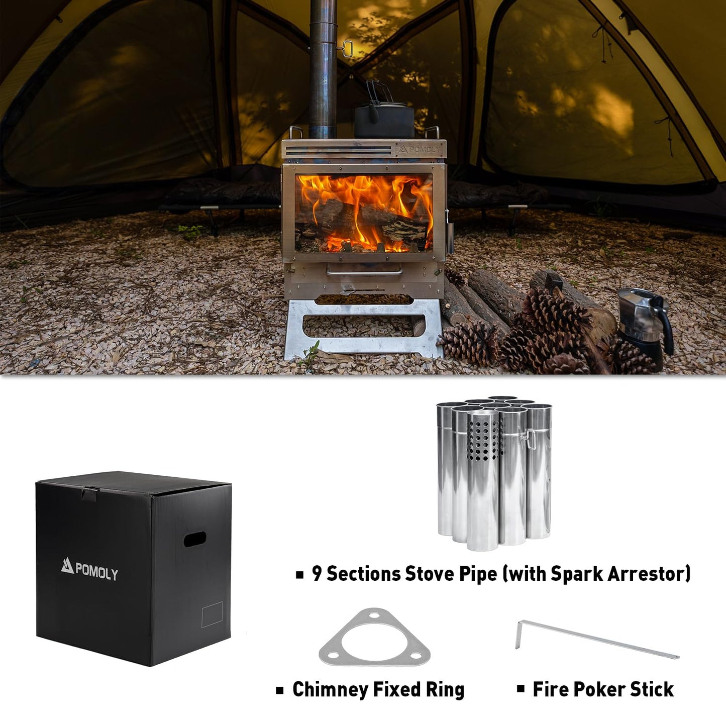 POMOLY Camping Tent Stove Wood Burning Stove, Dweller Max 3 Stainless Steel Wood Stove for Hiking, Cooking, Heating (with 3 Glasses)