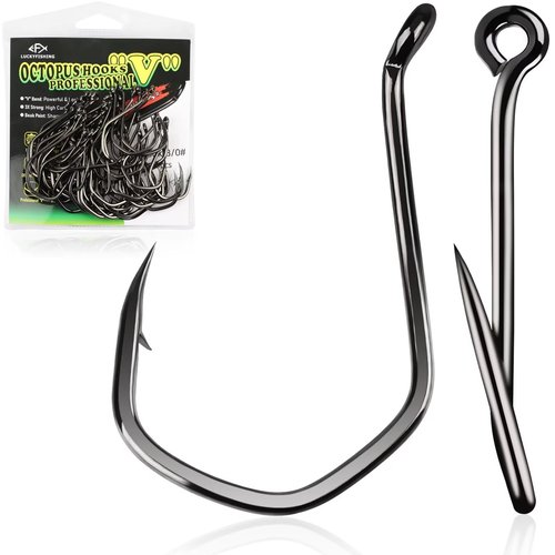 LUCKYFISHING Octopus Hooks Fishing Hooks for Saltwater Freshwater Offset Catfish Hooks for Bass Trout Redfish Fishing Hook Size 8/0 with 50PCS