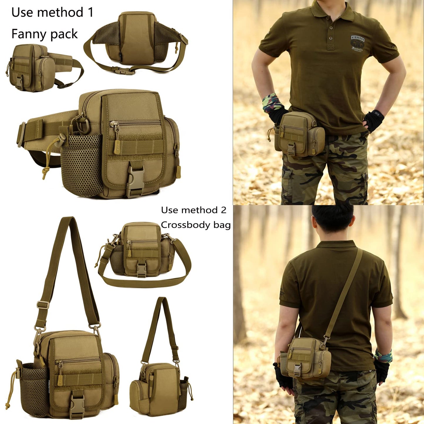 GGYCOB Tactical Waist Bag Fanny Pack Utility Belt with Water Bottle Holder Waterproof 1000D Nylon Bag for Hiking Mountaineering Camping Riding Fishing(Wolf Brown)