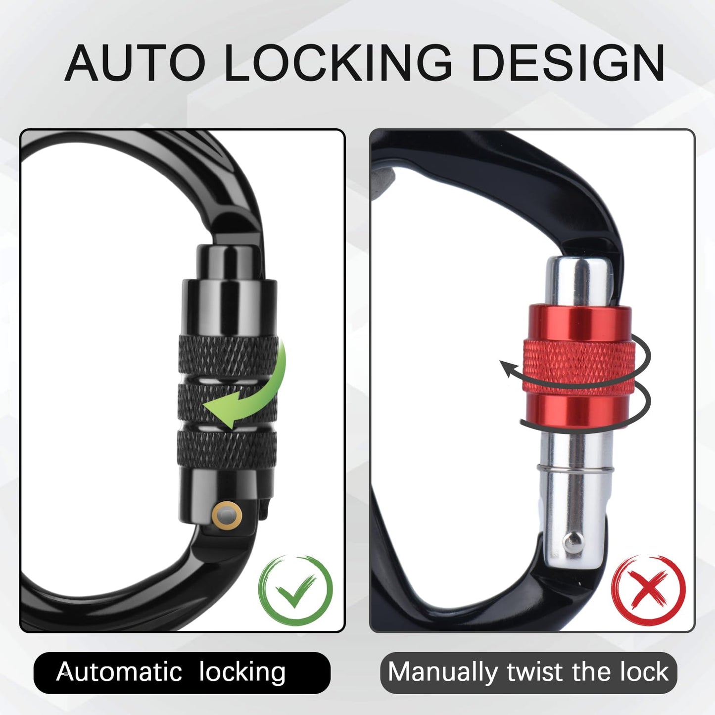 FVW CE Certified Auto Locking Climbing Carabiners, Professional 25KN (5620 lbs) Heavy Duty Caribeaners for Rappelling Swing Rescue & Gym etc, Large D-Shaped Carabiners, 5 Pack