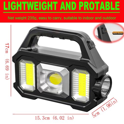 Solar Rechargeable LED Spotlight Flashlight, Super Bright 6000LM Handheld LED Searchlight, Multi-Functional Portable Lamp Camping Lantern Flashlight, 6 Light Modes, IPX4 Waterproof