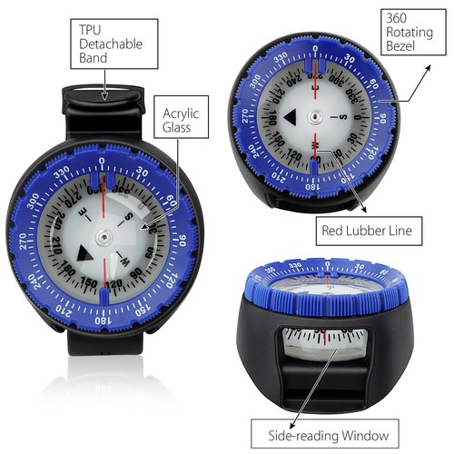 Scuba Compass, Professional Waterproof 5ATM Dive Wrist Compass with TPU Band for Outdoor Sports Diving, Sailing, Hiking, Survival Emergency (Blue)