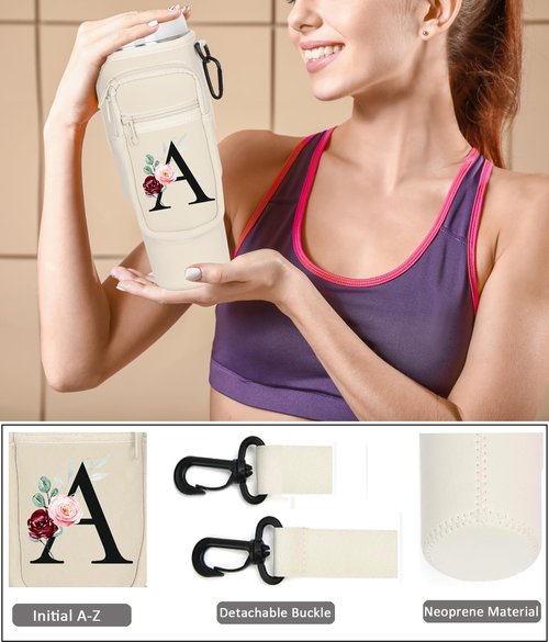 Water Bottle Carrier with Strap for Stanley 40 oz Tumbler,Personalized Initial ID Name Stanley Bag with Phone Pocket, Adjustable Strap, Stanley Cup Accessories (M, Cream)