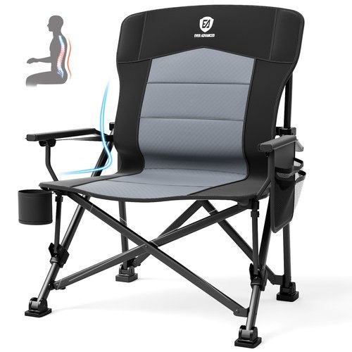 EVER ADVANCED Oversized Folding Camping Chair for Adults with Adjustable Lumbar Support, Heavy Duty Chair with Side Pockets, Portable Collapsible Quad Chair for Outside, Support Up to 500lbs,Black