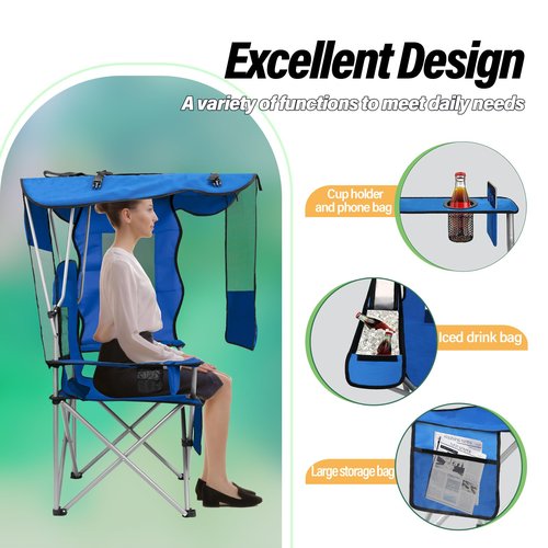 BDL Camping Chair with Canopy Shade Portable Foldable Canopy Chair with Cooler, Mesh Backrest, Cup Holder, and Pocket for Camping, Fishing, Beach, and Sports,Sky-Blue