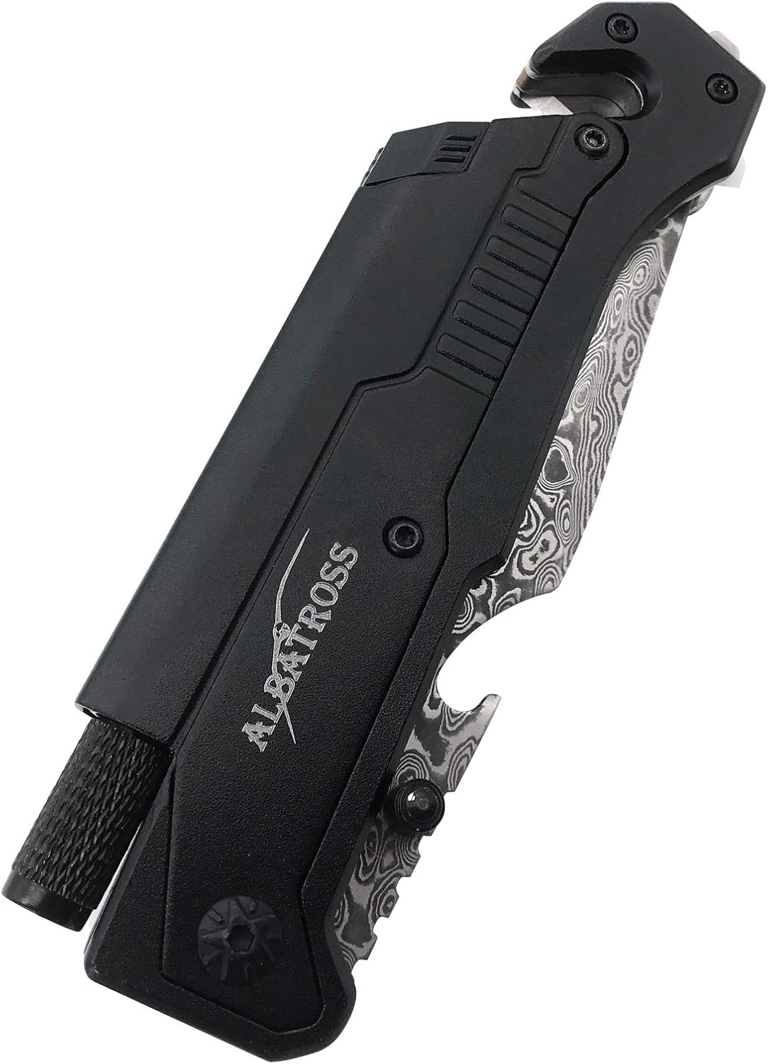 ALBATROSS 6-in-1 Survival Tactical Military Folding Pocket Knives with LED Light,Seatbelt Cutter,Glass Breaker,Magnesium Fire Starter,Bottle Opener;Multi-Function Emergency Tool(Black)