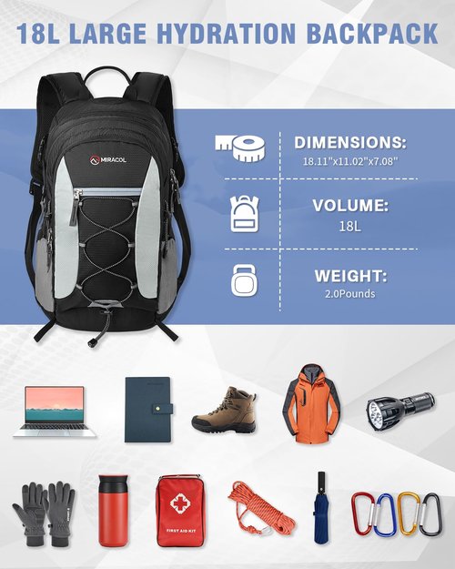 MIRACOL Hiking Hydration Backpack Pack - 18L Water Backpack with 2.5L Bladder - Insulated Hydration Daypack for Women Men Black