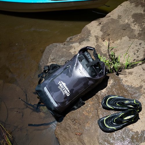 Tactiko 30L 100% Waterproof Backpack with Carabiner, Rip-Stop Floating Roll Top Dry Bag for Kayaking, Hiking, Camping, Survival - U.S. Company (Black Camo)