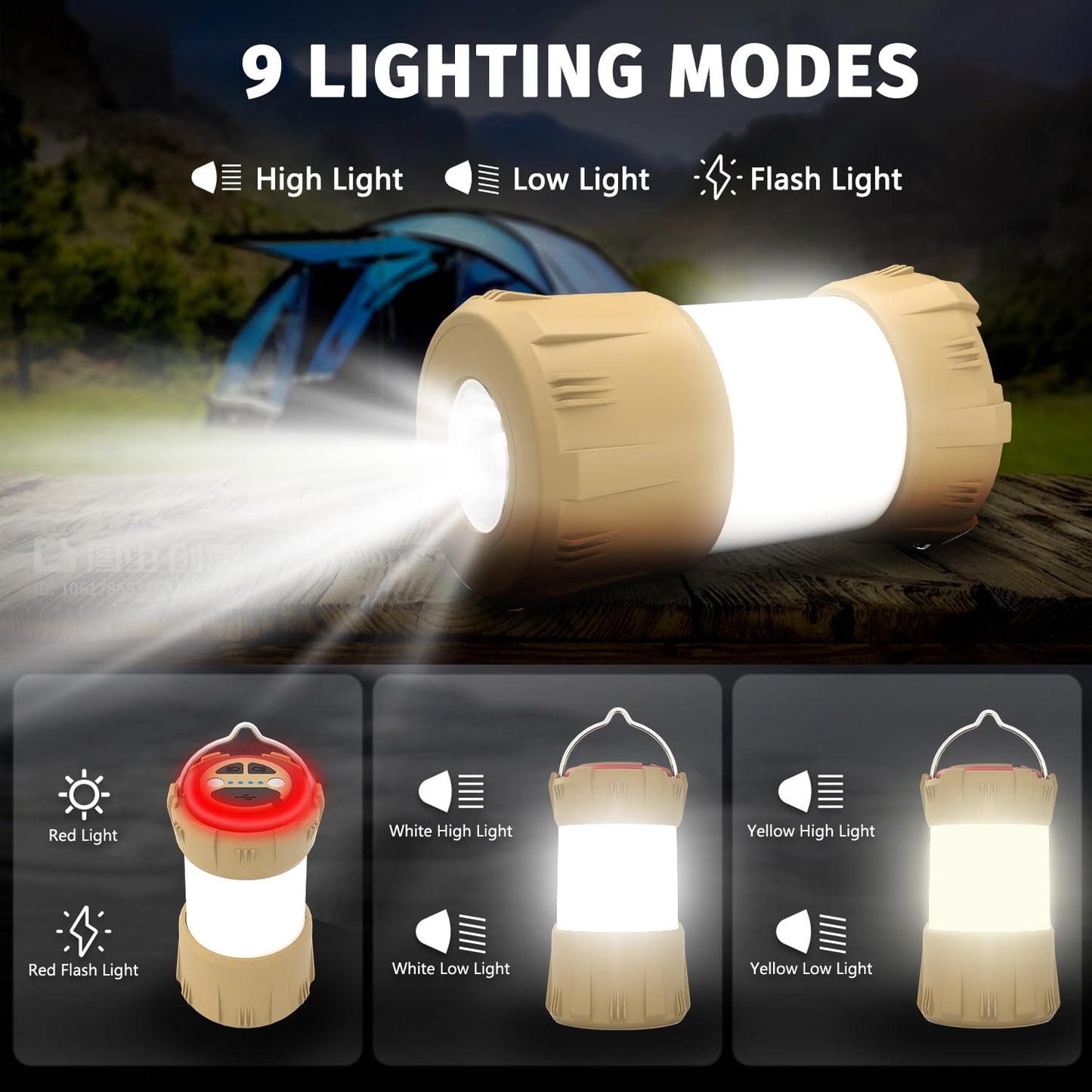 AROPEEN LED Camping Lantern Rechargeable, 9 Light Modes, Waterproof & Dustproof Camping Light, Perfect Lanterns for Power Outages Camping, Hiking, Mountain Climbing, Fishing, Maintenance (1-Pack)