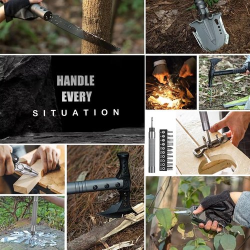 HUZSV Survival Shovel Multitool with Axe 28 in 1 Unbreakable Tactical Shovel kit Compact Camping Shovel for Outdoor Caming Hiking Backpacking Emergency