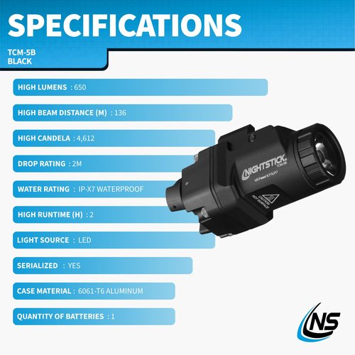Nightstick TCM-5B Subcompact Handgun Light, Short/Narrow Rail Models - 1 CR123 - Black