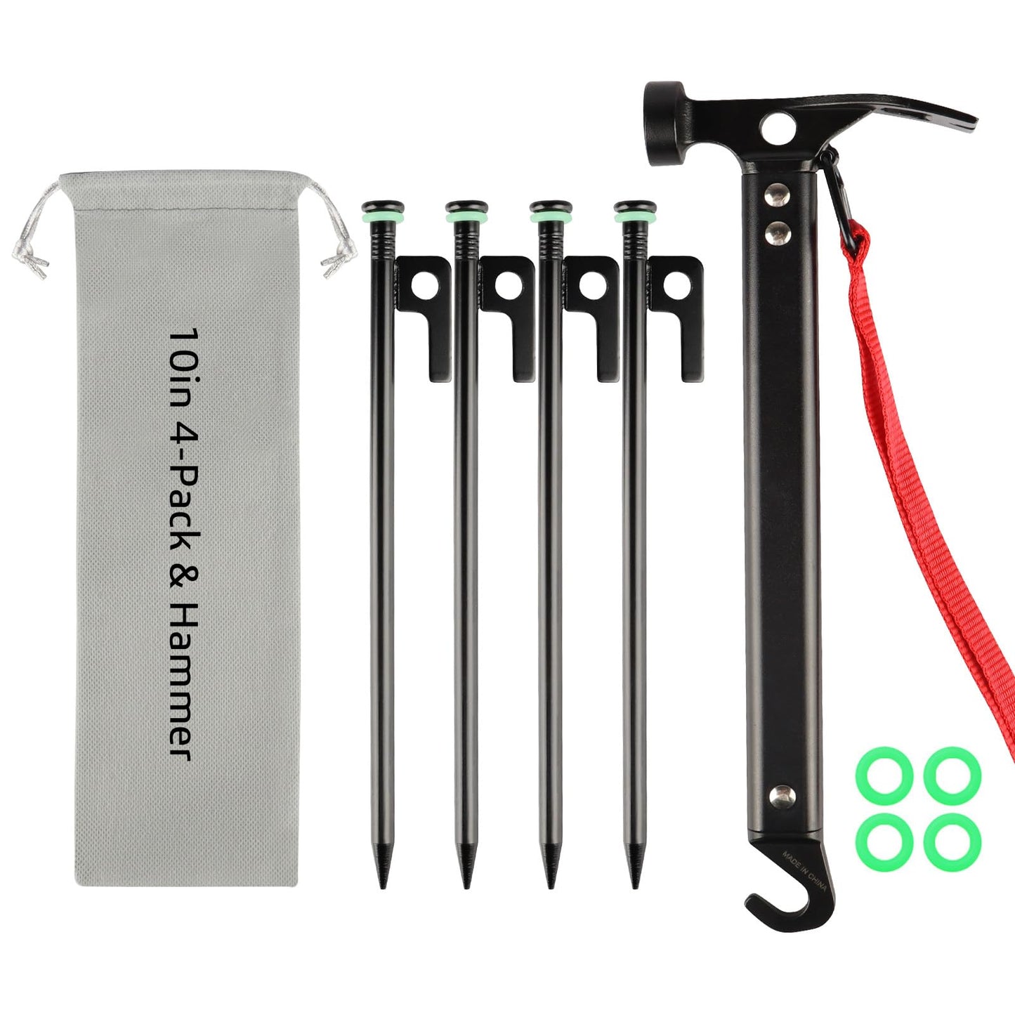 Tent Stakes Heavy Duty & Hammer Set,with 12in Tent Stake Remover +10 in Steel Tent Pegs+Storage Bag +Fluorescent Rubber Circle for Camping Used on Rocks, Grassland,Canopies (10"- 4pack & 12" Hammer)