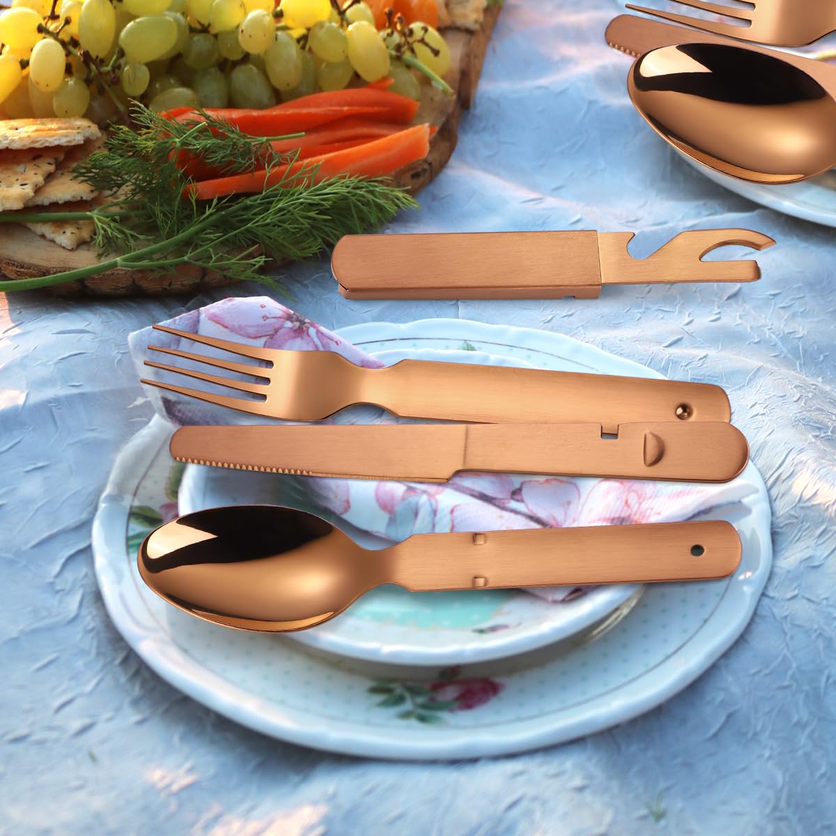 AARAINBOW Stainless Steel Portable Outdoor Flatware Set, 4 in 1 Camping Cutlery Set Travel Utensils Set with Spoon Fork Knife and Bottle Can Opener Detachable Reusable Picnic Silverware (Rose golden)