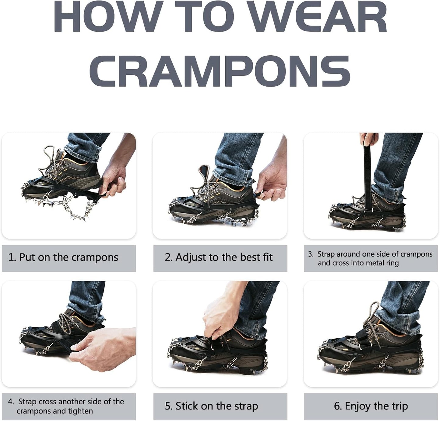 Ice Cleats Crampons - 24 Stainless Steel Spikes for Secure Traction and Safety on Snow and Ice - Ideal for Hiking, Fishing, Walking, Climbing, and Mountaineering (Large)