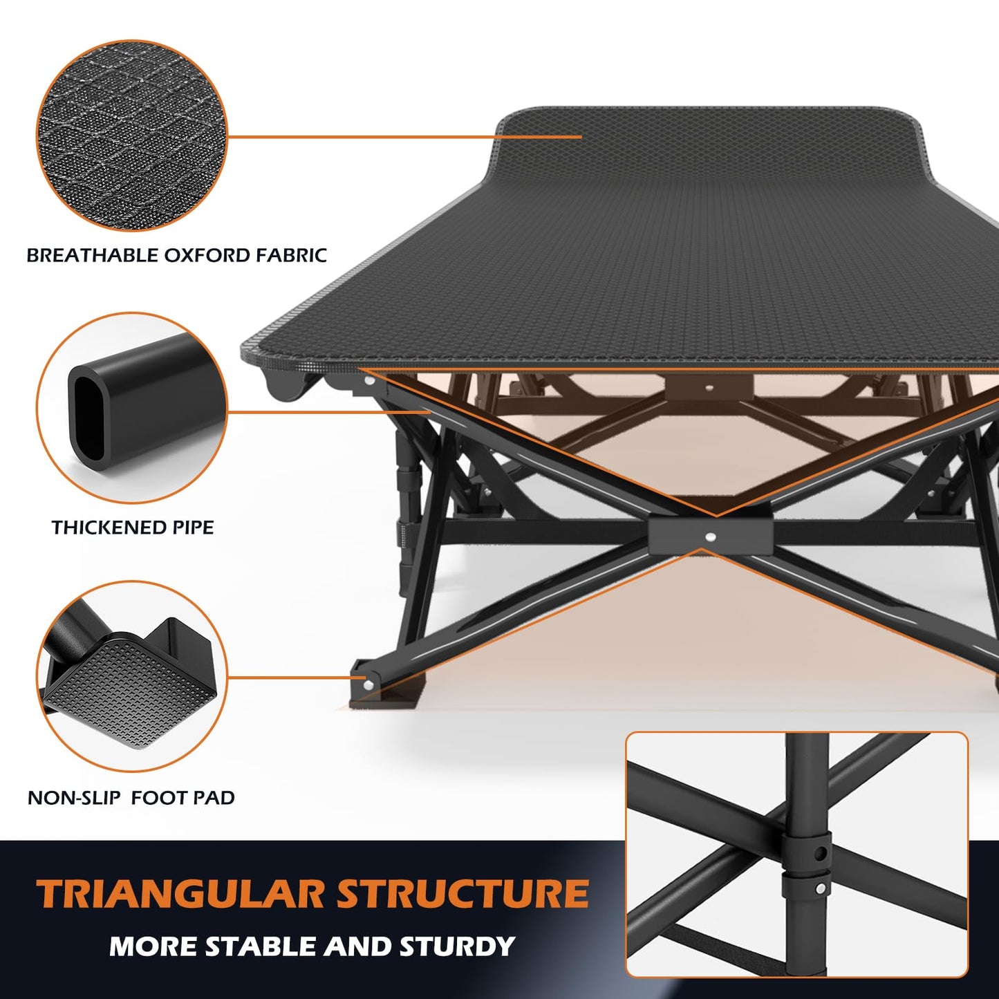 ATORPOK Camping Cot for Adults with Cushion Comfortable, Portable Folding Bed for Sleeping, Lightweight Folding Bed with Carry Bag for Kids Supports 450 lbs (Black)