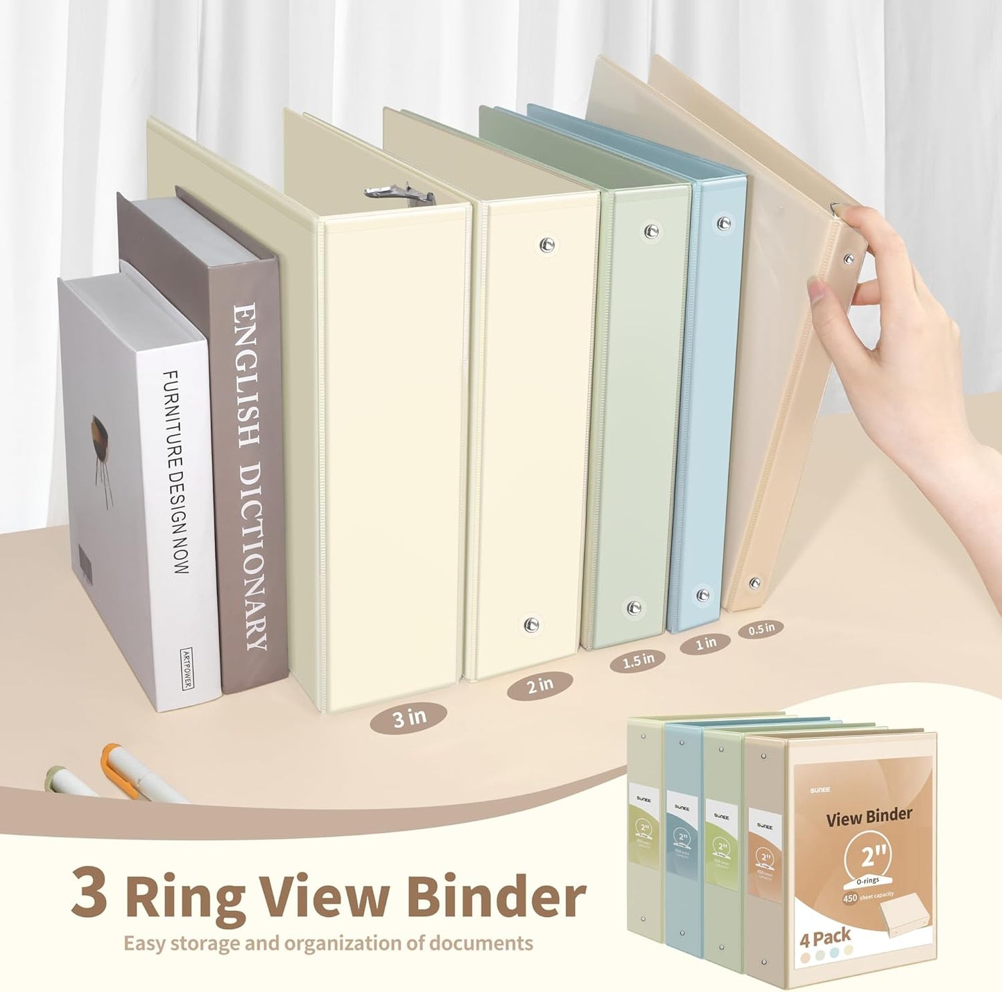 SUNEE 3 Ring Binder 1.5 Inch 4 Pack, Clear 1 1/2 Inch View Binder Three Ring PVC-Free (Fit 8.5x11 Inches) for School or Office Supplies, Neutral Aesthetic