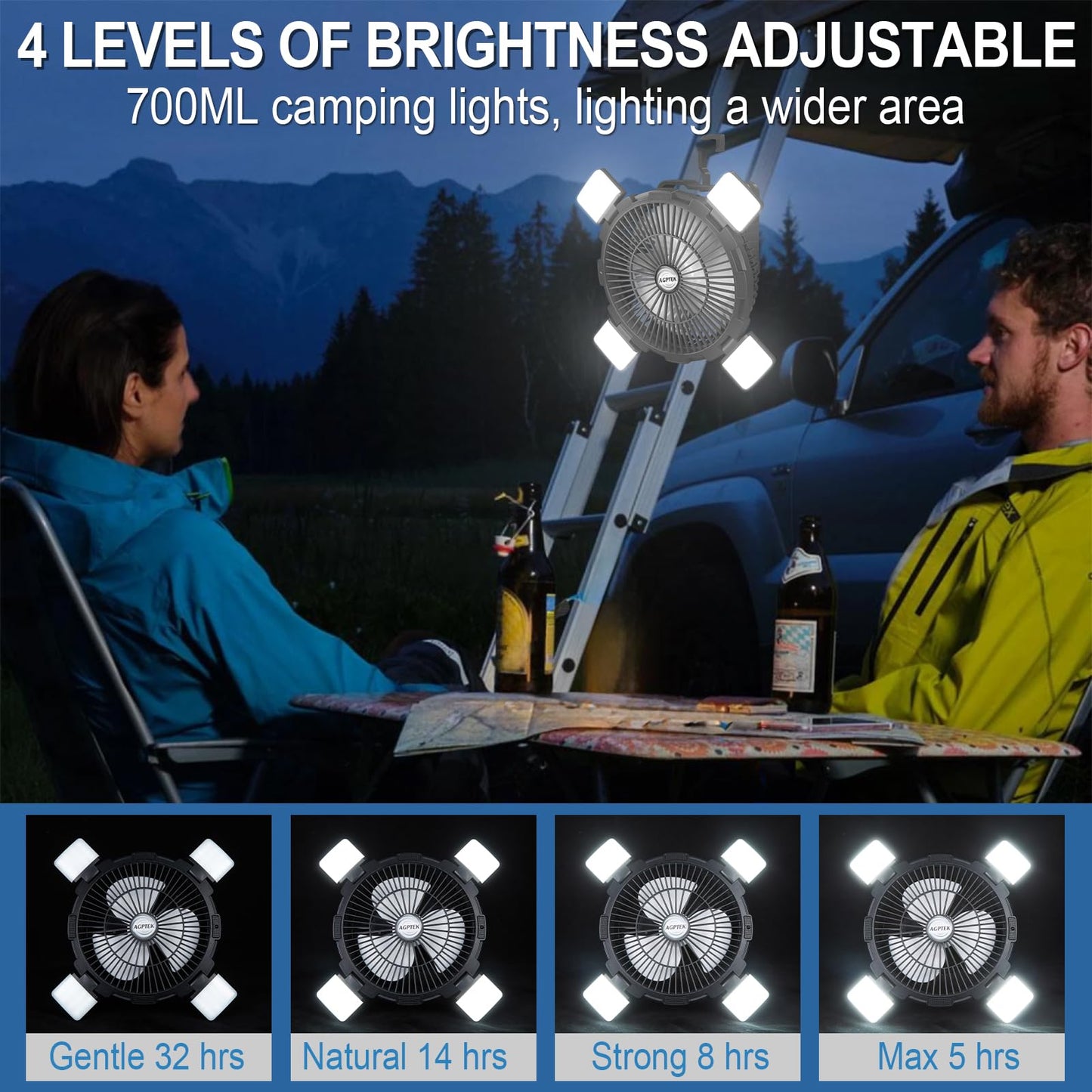 AGPTEK Portable Outdoor Fan - 8000mAh Rechargeable Battery with LED Light Lantern & Hook, Ideal for Picnics, BBQ, Fishing, Travel & Camping