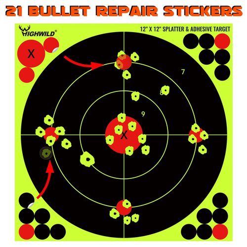 Highwild 12X12 Inch Splatter Adhesive Bullseye Fluorescent Yellow Shooting Target Stickers - Suitable for Handguns, Rifles, BB Guns, Airsoft, Pellet Guns - 10 Pack